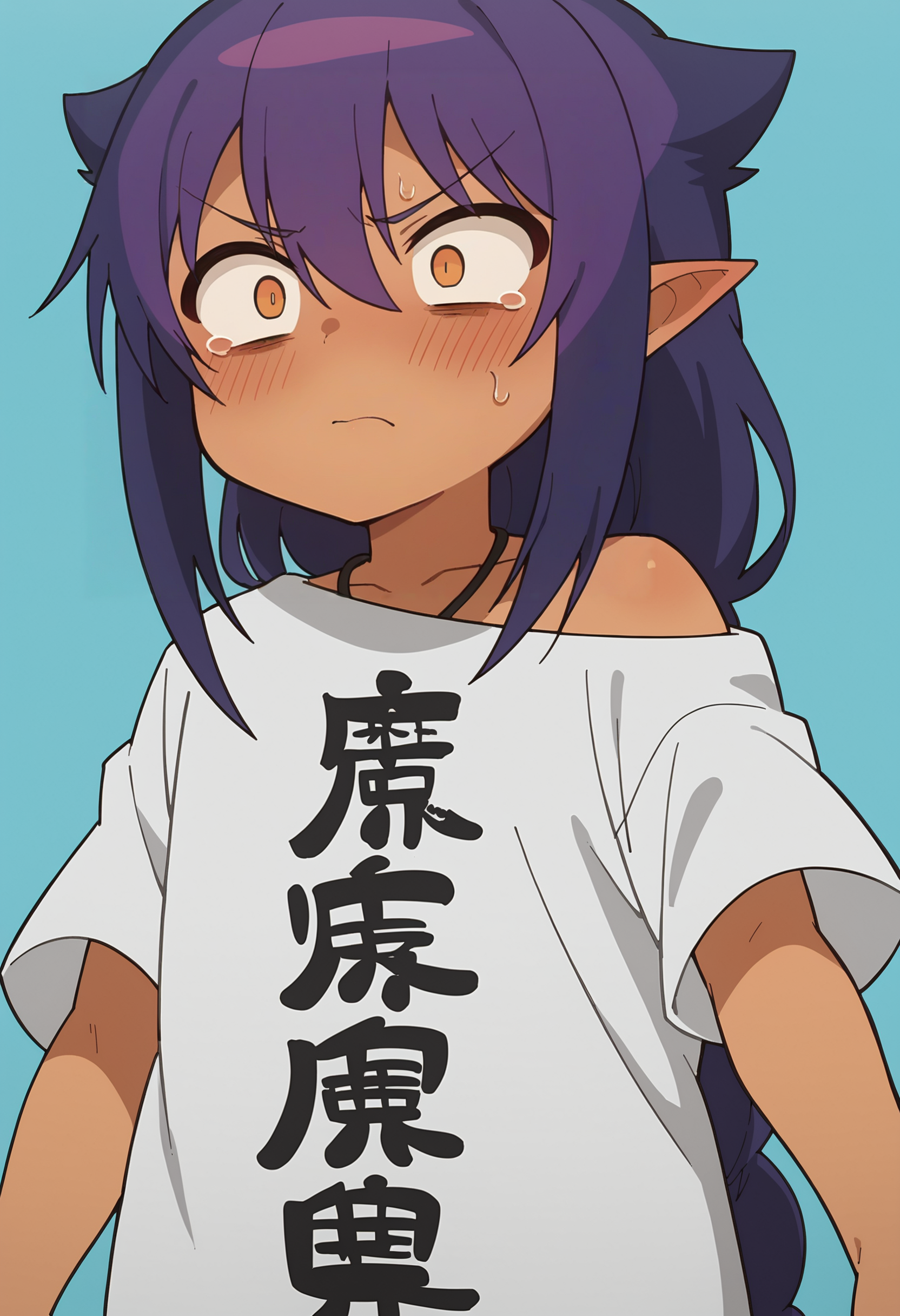 score_9, score_8_up, score_8, source_anime, 1girl, <lora:Jahy:0.85> solo, chibi, dark skin, dark-skinned female, long hair, hair between eyes, purple hair, pointy ears, shirt, white shirt, clothes writing, oversized clothes, blush, shock, constricted pupils, upper body, view from below, 
light blue background, simple background,