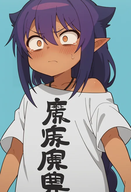 score_9, score_8_up, score_8, source_anime, 1girl, <lora:Jahy:0.85> solo, chibi, dark skin, dark-skinned female, long hair, hair between eyes, purple hair, pointy ears, shirt, white shirt, clothes writing, oversized clothes, blush, shock, constricted pupils, upper body, view from below,
light blue background, simple background,