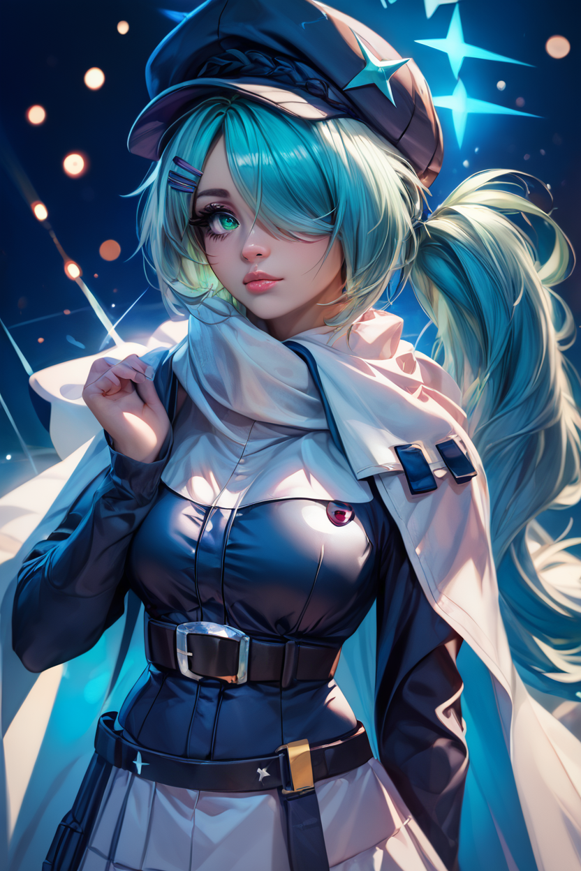 score_9, score_8_up, score_8, medium breasts, (curvy), cute, eyelashes,       BREAK, , ,,,  zzHiyori, long hair, hair over one eye, side ponytail, hairclip, hair ornament, aqua hair, green eyes, black headwear, hat, cabbie hat, long sleeves, white skirt, belt, white scarf, <lora:Hiyori_BlueArchive_PDXL_v2:0.8>,   ,,,, BREAK,  (ultra realistic,32k, masterpiece:1.2),(high detailed skin:1.1),( high quality:1.1), head tilt, lips, closed mouth, shiny clothes, (upper body), looking at viewer, bokeh, luminescent background, ,,, embedding:zPDXL, Expressiveh, ,,, <lora:RlAnmPDXL:1.0>,