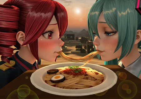 realistic, scenery, masterpiece, best quality, amazing quality, very aesthetic, absurdres, newest, 2girls, hatsune_miku, kasane_teto, eating_spaghetti, pasta, single_plate, indirect_kiss, shy_expression, blushing, outdoor_table, warm_sunset_light, backlighting, soft_shadows, cozy_moment, lens_flare, shallow_depth_of_field, summer_atmosphere, close_up, portrait_view, vertical_composition, 9:16_aspect_ratio <lora:POSTAL_2_Style_Lora_V1.0_ILXL_DIM16_E10:1>, <lora:dmd2_sdxl_4step_lora:1>
