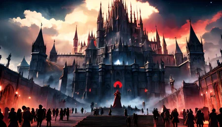 fantasy, army, crowd, <lora:Evil:0.8> evilrealm, night sky, cloudy sky, street, stairs, castle in back, (red moon:0.9), aesthetic, high contrast, dark shadows, absurdres, 8k, high detail, intricate, realistic, (masterpiece:1.3), (best quality:1.3) <lora:Numenor:0.3> Numenor