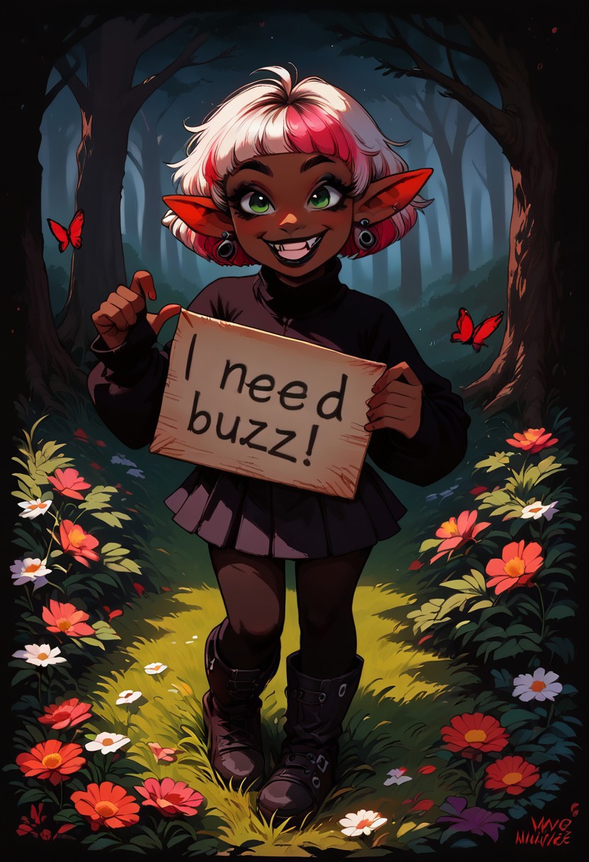 score_9, score_8_up, score_7_up, score_6_up, pretty woman, 21 year old, 1girl.
Cute monstergirl holding sign in a public park, brown skin, emo, green eyes, eyeliner, eyeshadow, red undereye makeup, black lipstick, winking, big grin, showing teeth, one long fang, long pointed ears, big floppy ears, big brass earrings, white hair, short hair, bobbed hair, pink hair ends, two-tone hair, happy, smile, pretty face, long sleeves, cropped hoodie, skirt, big goth boots, oversized boots, standing, playful pose, surrounded by multicolored sparkles, detailed background, grass, trees, butterflies, daytime. need_buzz