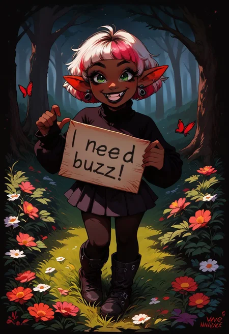 score_9, score_8_up, score_7_up, score_6_up, pretty woman, 21 year old, 1girl.
Cute monstergirl holding sign in a public park, brown skin, emo, green eyes, eyeliner, eyeshadow, red undereye makeup, black lipstick, winking, big grin, showing teeth, one long fang, long pointed ears, big floppy ears, big brass earrings, white hair, short hair, bobbed hair, pink hair ends, two-tone hair, happy, smile, pretty face, long sleeves, cropped hoodie, skirt, big goth boots, oversized boots, standing, playful pose, surrounded by multicolored sparkles, detailed background, grass, trees, butterflies, daytime. need_buzz