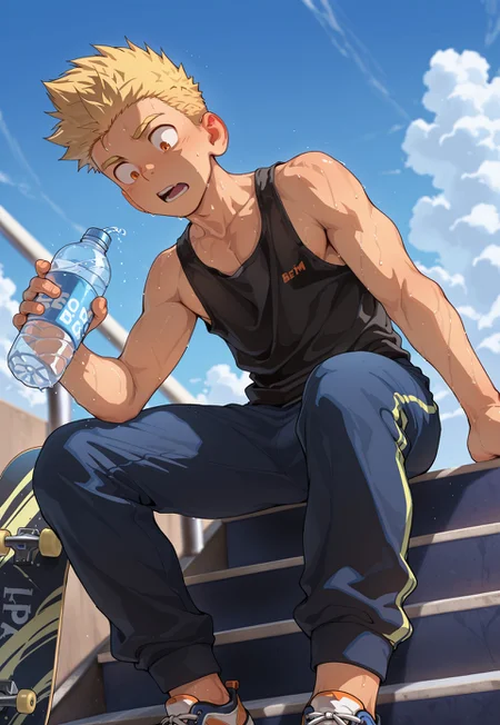 masterpiece, best quality, amazing quality, betm, solo, 1boy, bara, male focus, spiked hair, blonde hair, orange eyes, sitting on staircase, skateboard, sweat, tank top, sport pants, holding water bottle, open mouth, looking down, blue sky, cloud