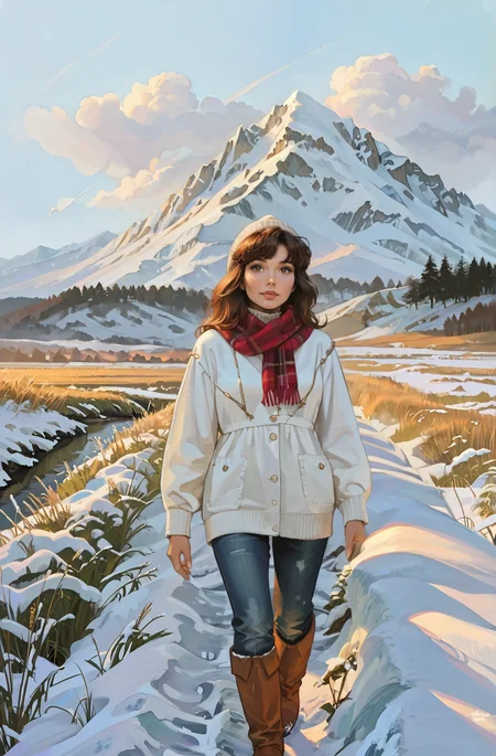 score_9_up, score_8_up, score_7_up, absurdres, highres, photorealistic, retro, t0sh14, masterpiece, highly detailed, glossy skin, 1 girl, walking, side view, detailed background, dawn, field, winter, snow BREAK  snow, sunset, golden hour BREAK
cute girl with shoulder-length chestnut brown hair styled in soft waves, wearing a cozy beige turtleneck sweater and a plaid scarf, cheeks slightly flushed from the cold, her expression warm and friendly, creating a sweet and inviting look
 <lora:incase---1:0.5>    <lora:t0sh14XLP:1>
