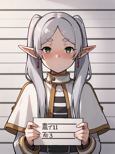 score_9, score_8_up, score_7_up, score_6_up, score_5_up, score_4_up, BREAK, source_cartoon, source_anime, 1girl, frieren, green eyes, grey hair, twintails, thick eyebrows, blush, pointy ears, white capelet with long sleeves, earrings, holding sign, mugshot, sad, looking at viewer, long hair <lora:FrierenXL:1>