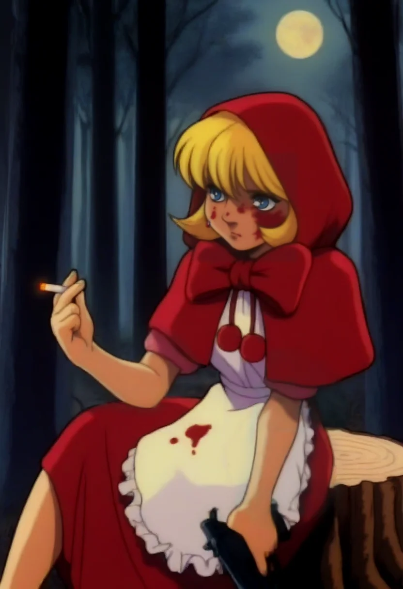 masterpiece, best quality, solo, 1girl, <lora:Darkstalkers-Ova-illus_Fp:1>, 1990s \(style\), retro artstyle, <lora:Bbhood-illus_Fp:1>, bbhood, short hair, blonde hair, blue eyes, hood, capelet, red dress, bow, white apron, pom pom \(clothes\), hood up, forest, moon, sitting, smoking, tree stump, holding cigarette, blood on clothes, blood on face, gun, short sleeves,