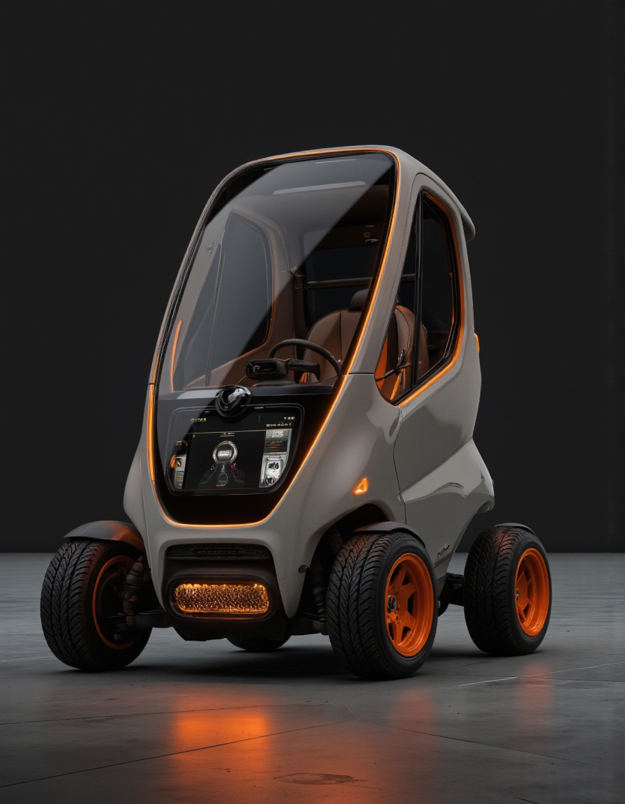futuristic design. A photo-realistic shoot from a front camera angle about a futuristic, small, gray and orange car with a sleek design. the car is positioned in the middle of the image, with its sleek and modern design standing out against the dark background. the vehicle has a large, clear windshield that allows the driver to see the interior of the car, with a touch screen display that shows the car's features such as the steering wheel, dashboard, and gear shift. the front of the vehicle is adorned with orange accents, and the car has four large, black wheels with orange rims, giving it a sporty and futuristic look. the lighting is dim, casting a soft glow on the car and highlighting its sleek design, making it stand out in the dark environment. the image also shows a reflective floor, adding to the overall sense of depth and dimensionality.