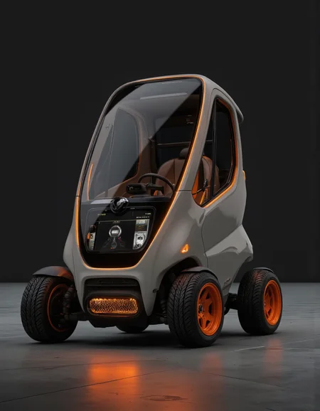 futuristic design. A photo-realistic shoot from a front camera angle about a futuristic, small, gray and orange car with a sleek design. the car is positioned in the middle of the image, with its sleek and modern design standing out against the dark background. the vehicle has a large, clear windshield that allows the driver to see the interior of the car, with a touch screen display that shows the car's features such as the steering wheel, dashboard, and gear shift. the front of the vehicle is adorned with orange accents, and the car has four large, black wheels with orange rims, giving it a sporty and futuristic look. the lighting is dim, casting a soft glow on the car and highlighting its sleek design, making it stand out in the dark environment. the image also shows a reflective floor, adding to the overall sense of depth and dimensionality.