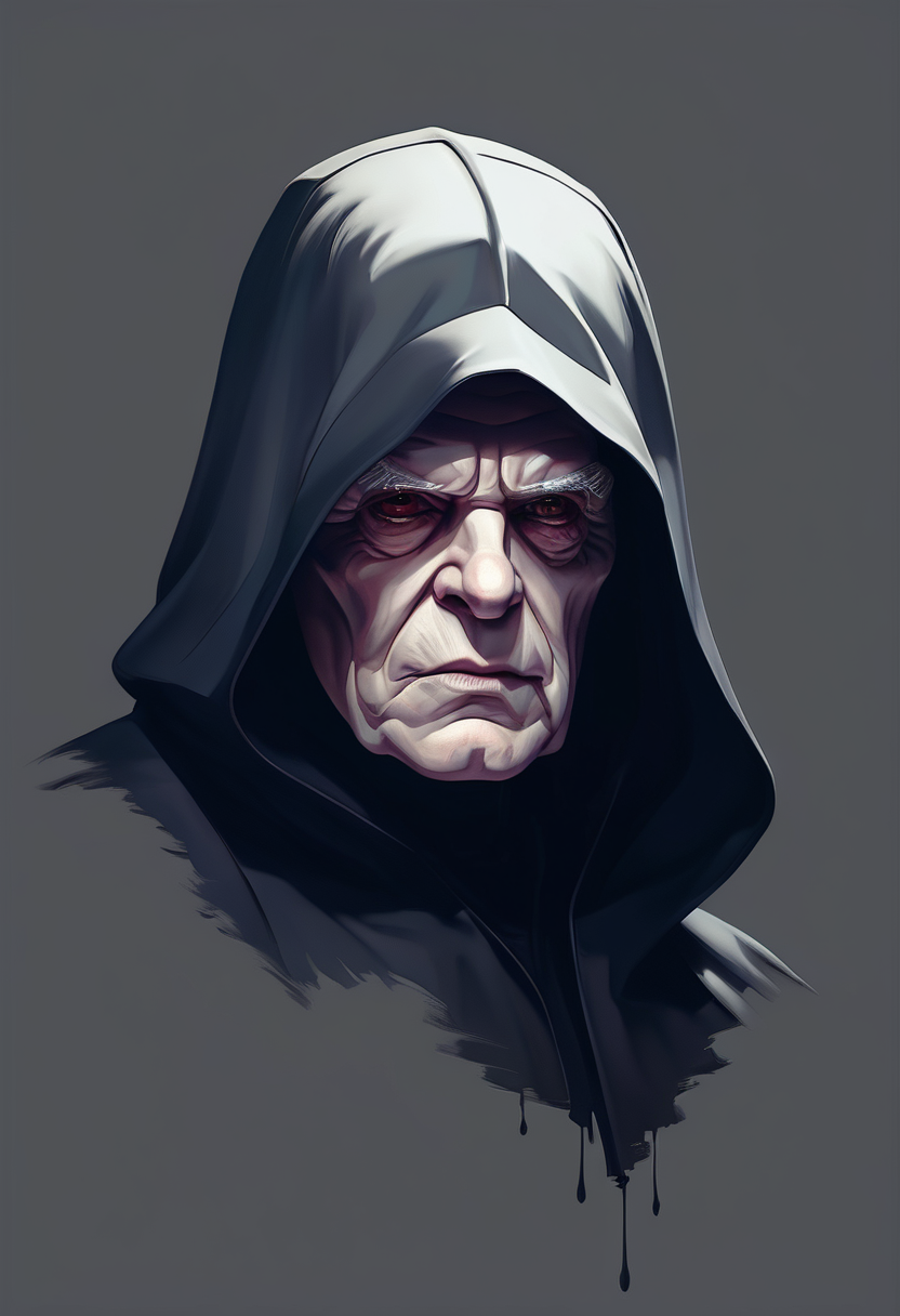 minimal dark moody portrait of a menacing hooded Emperor Palpatine emerging from the shadows