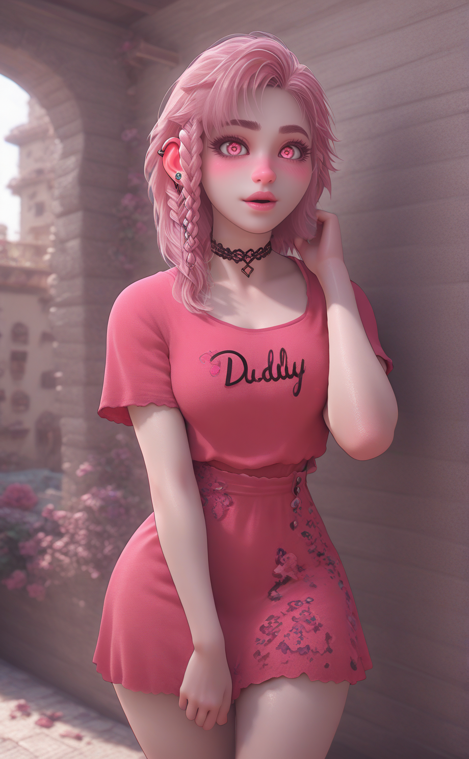 score_9, score_8_up, score_7_up, BREAK, detailed background, urban setting,  full body shot, mid range shot
facing forward,
BREAK
1girl, feminine  features, mischievous expression, playful pose, pierced ears,  bright colors, sparkling eyes, 
<lora:daddysgirl:0.7> daddysgirl, pink hair, braid, pink lips, nose ring, 1girl, choker, bangs, medium hair, pink shirt, blush, skirt
BREAK
A medium shot of her face and torso, showcasing her (full lips) and (bright eyes), highlighting her playful and adventurous spirit. The background features intricate details of the jungle, including (blooming orchids) and (lush ferns), adding depth and vibrancy to the scene, emphasizing the contrast between her human form and the untamed beauty of nature.
made by melkor mancin and rizdraws <lora:cut3ch4rXLP:.7> cut3ch4r, multiple views <lora:Expressive_H:1> expressiveh  <lora:add-detail-xl:3>