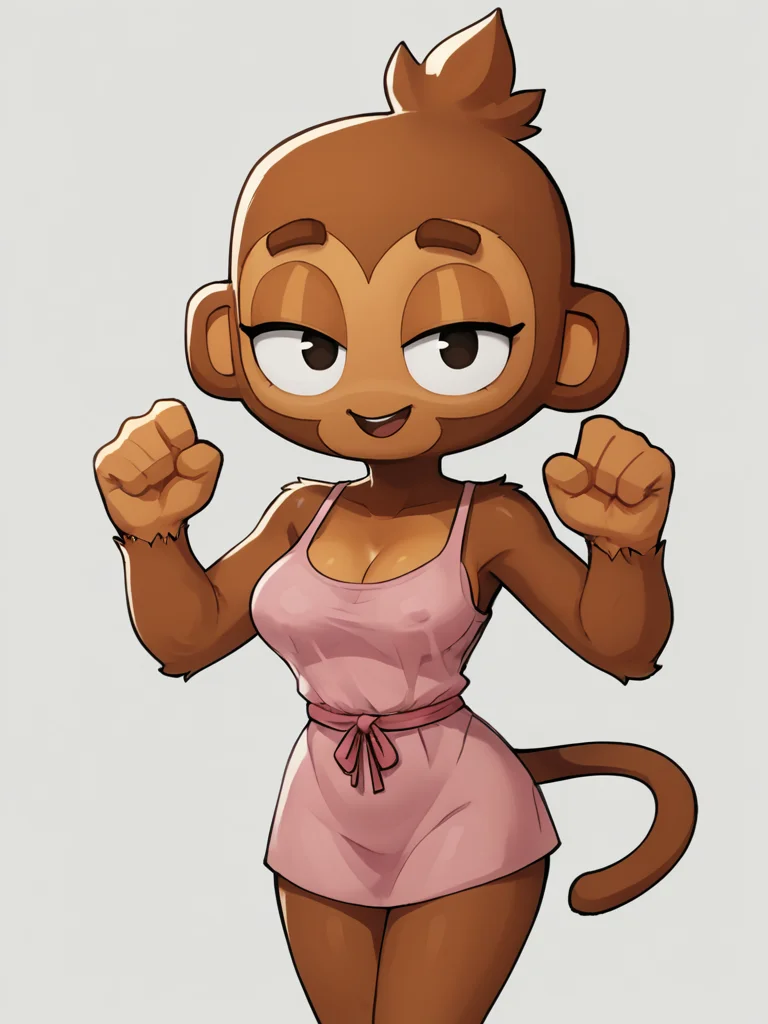 parody,flat color,highres furry, monkey, btd6, no nose, 1girl,tail, white background,looking at viewer, simple background, solo,breasts,
, <lora:btdv4:0.8>,nightwear,excited