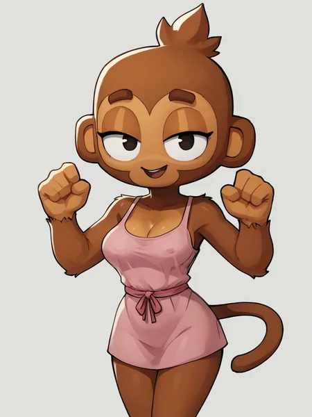 parody,flat color,highres  furry, monkey, btd6, no nose, 1girl,tail, white background,looking at viewer, simple background, solo,breasts, 
, <lora:btdv4:0.8>,nightwear,excited