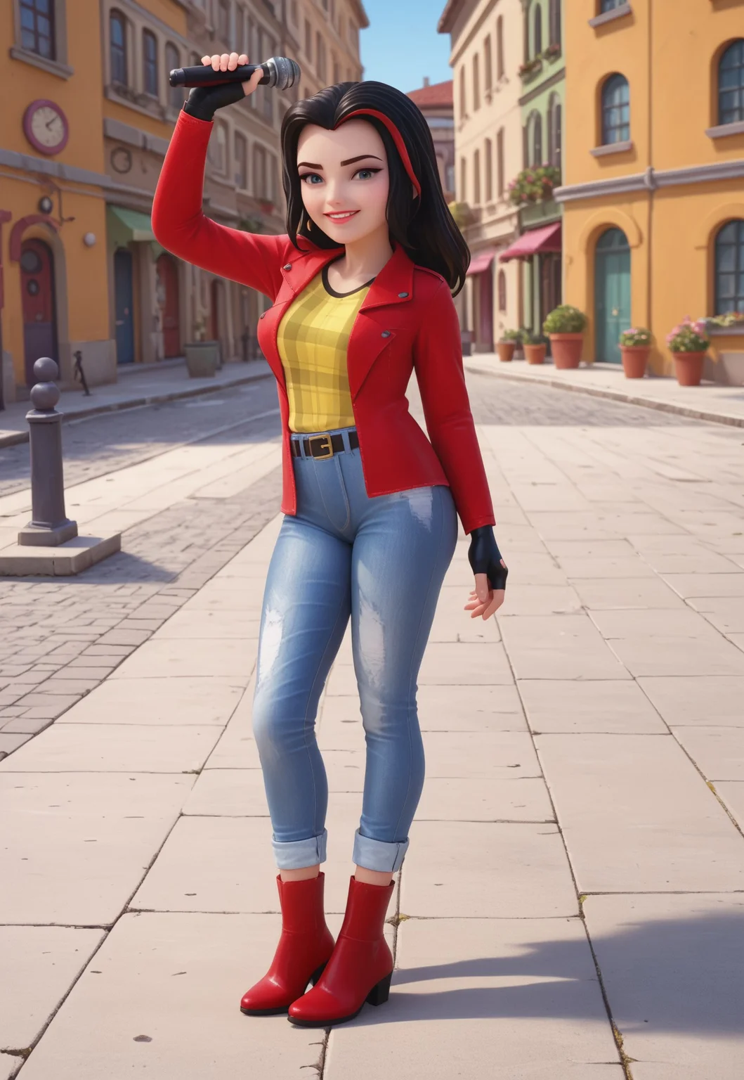 safe_pos, (zPDXL3) source_cartoon, solo, 1girl, full body, vicky_legofriends, black hair, streaked hair, jeans, fingerless gloves, red jacket, yellow shirt, boots, belt, outdoors, sexy, dynamic angle, looking at viewer, smiling,