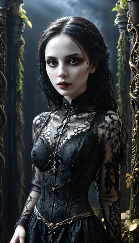 Positiv Clip L
close up, cinematic,highly detailed,
hyper realistic, A dark and foreboding valley where no sunlight ever penetrates, skinny gothic woman
Positive Clip G
close up, cinematic,highly detailed,
hyper realistic, an award-winning impressive Full shot of the face of a skinny Gothic woman that captivates the viewer. Her pale, porcelain-like skin appears almost supernatural, while her dark eyes exude depth and penetration. The fine details of her face are accentuated by the interplay of light and shadow, highlighting her distinctive features. The dark lips lend a mysterious sensuality to her expression. This close-up captures the intensity and captivating allure of Gothic aesthetics in a single moment, A dark and foreboding valley where no sunlight ever penetrates
---------