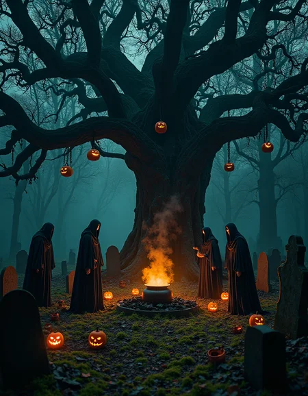 raw photo
An ancient, moss-covered graveyard at the edge of a dark forest, bathed in a spectral glow. Twisted tombstones shift as if something below is stirring. At the center stands a massive, gnarled oak tree, its sprawling roots creeping over the graves like skeletal fingers. From its branches hang glowing jack-o'-lanterns with sinister, flickering faces, casting eerie light across the scene. Beneath the tree, a coven of witches gathers in a silent circle, their cloaks tattered and their eyes gleaming with a dark, unnatural energy. They chant in low, haunting tones, their words bending the air around them as they prepare an ancient ritual. A black cauldron bubbles mysteriously, its smoke curling up to mingle with the twisted branches above. At the foot of the tree, a bottomless well pulses with a faint heartbeat, drawing anyone who dares come closer. Surrounding the witches, a ring of pumpkins ignites with ghostly flames, their glow synchronized with the low cackle of the witches, signaling that on this night, the veil between the living and the dead has thinned, allowing ancient forces to rise once more, <lora:FLUX.1-Turbo-Alpha:1>