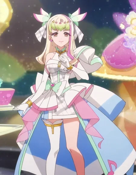score_9, score_8_up, score_7_up, anime screencap, solo,1girl,curezukyoon, solo, gloves,elbow gloves, jewelry, idol, dress, thighhighs, earrings, musical note, bow, white gloves, smile, looking at viewer, bracelet, hair ornament, single thighhigh, makeup, magical girl,large breasts,<lora:curezukyoon_pony:0.8>