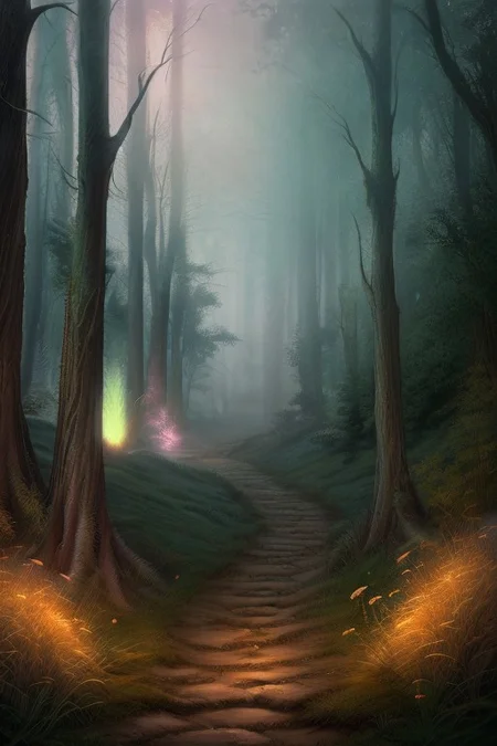 score_9, score_8_up, score_7_up, highly detailed, 
((detailed background, fantasy forest background, fog, glowing light, trees, grass, narrow path)), no people,
