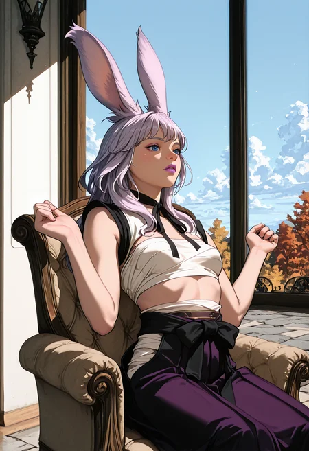 realistic, very awa, ambient occlusion, ray tracing, [sei shoujo], [yoshiten], [takeuchi_takashi], [libbyframe], style parody, [bang_dream!], [arcane:_league_of_legends], [league_of_legends], saturated, colorful, (dynamic angle:1.3), (cowboy shot:1.2) BREAK 1girl, solo, <lora:Final_Fantasy_XIV_Races_Female_Viera_for_IllustriousXL:0.5> rabbit_girl, viera, <lora:anti_human_ears:0.7> light lavender hair, side part hair , rabbit ears, blue eyes, (alabaster skin:1.2), slender body, small breasts, perfect hands, colored lips, (hopeful), BREAK monk, wearing sleeveless dark yellow silk cowl, mercantile sleeveless (detailed black satin midriff_sarashi), neck ribbon,, tasuki, cherry blossom print quilted deep indigo hakama, okobo,, <lora:Monk_PD_IL:0.7> BREAK medieval, fantasy, indoors, traditional house, (black stone walls), stone floors, living room, fireplace,, sitting, knees together feet apart , w arms, on chair, arm chair, autumn, cloudy sky, day, blue sky, hard light, high contrast, volumetric lighting BREAK <lora:Face_Enhancer_Illustrious:0.6> <lora:DarkerThanDarkIllustriousV1:0.5> <lora:Sketchy_Pinup_Style_Illu_Edition:0.7> SP-Illu <lora:E-Girl_PFP_Style:0.6> EGirlPFP