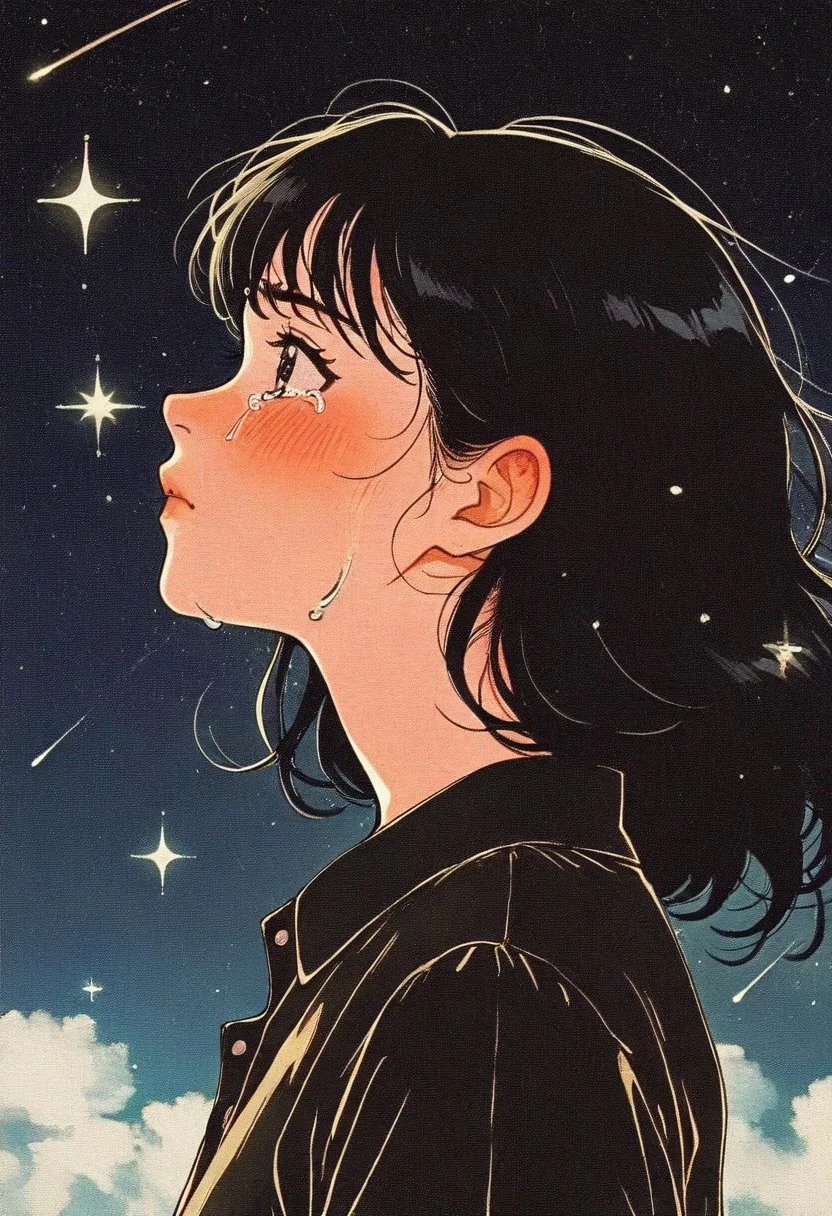 masterpiece, best quality, newest, absurdres, highres, very awa, 
hu99y, 1girl, solo, profile portrait, medium black hair, bangs, blush, sky, sparkles, film grain, anime, dark blouse, japanese, stars, crying, tears