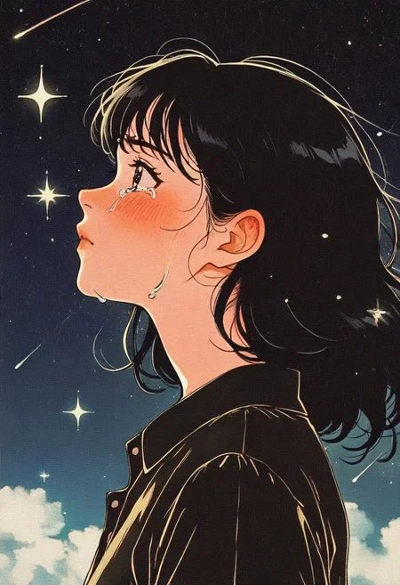 masterpiece, best quality, newest, absurdres, highres, very awa, 
hu99y, 1girl, solo, profile portrait, medium black hair, bangs, blush, sky, sparkles, film grain, anime, dark blouse, japanese, stars, crying, tears