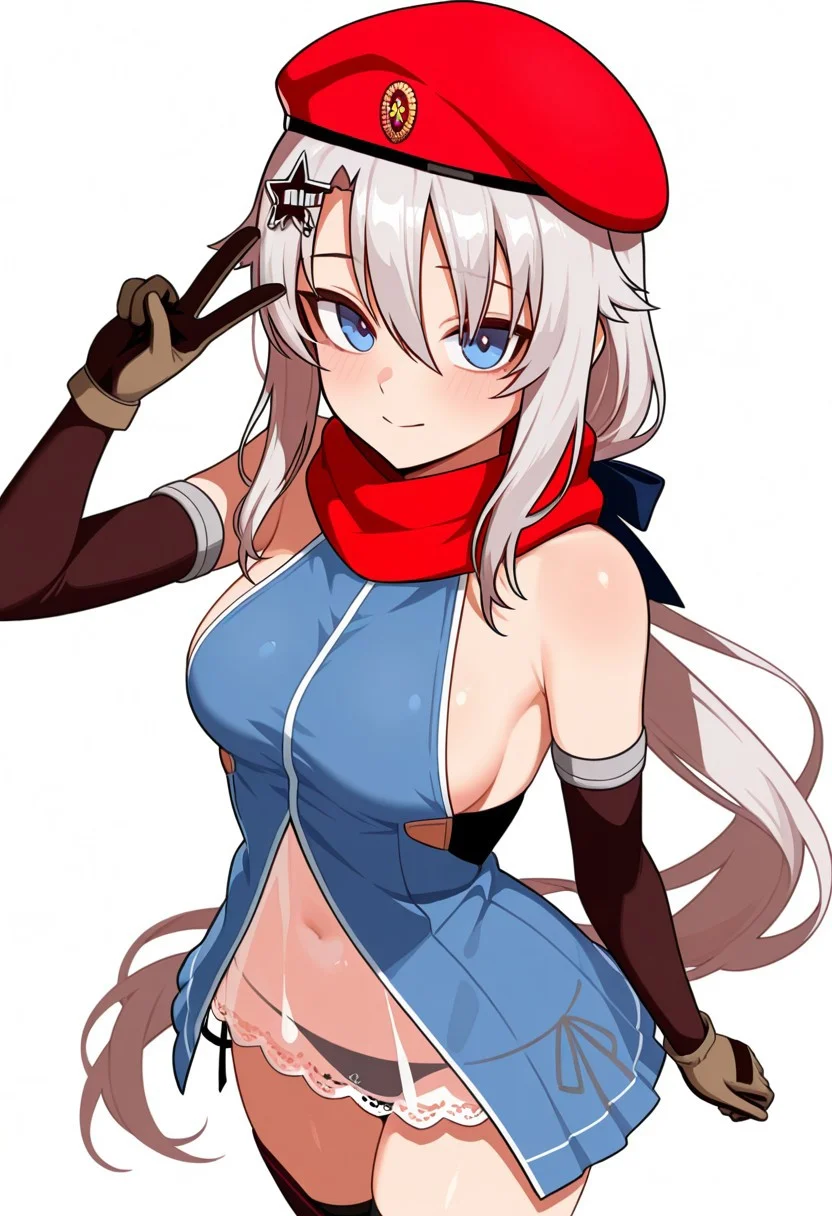 (9a-91 \(girls' frontline\), blue eyes, long hair, very long hair, silver hair, hair between eyes, hair ornament, star hair ornament), (red beret, red scarf, blue dress, sideboob, detached sleeves, black elbow gloves, brown gloves, see-through, black thighhighs, black panties, Side-tie panties), (standing, V sign, peace sign, looking at viewer), simple background, white background, cute, pretty, BREAK (score 9, score 8 up, score 7 up, source anime), (score_9, score_8 up, score_7 up, source_anime), (masterpiece, best quality, high quality, absurdres, absolutely resolution, incredibly absurdres, high res image, 8K),