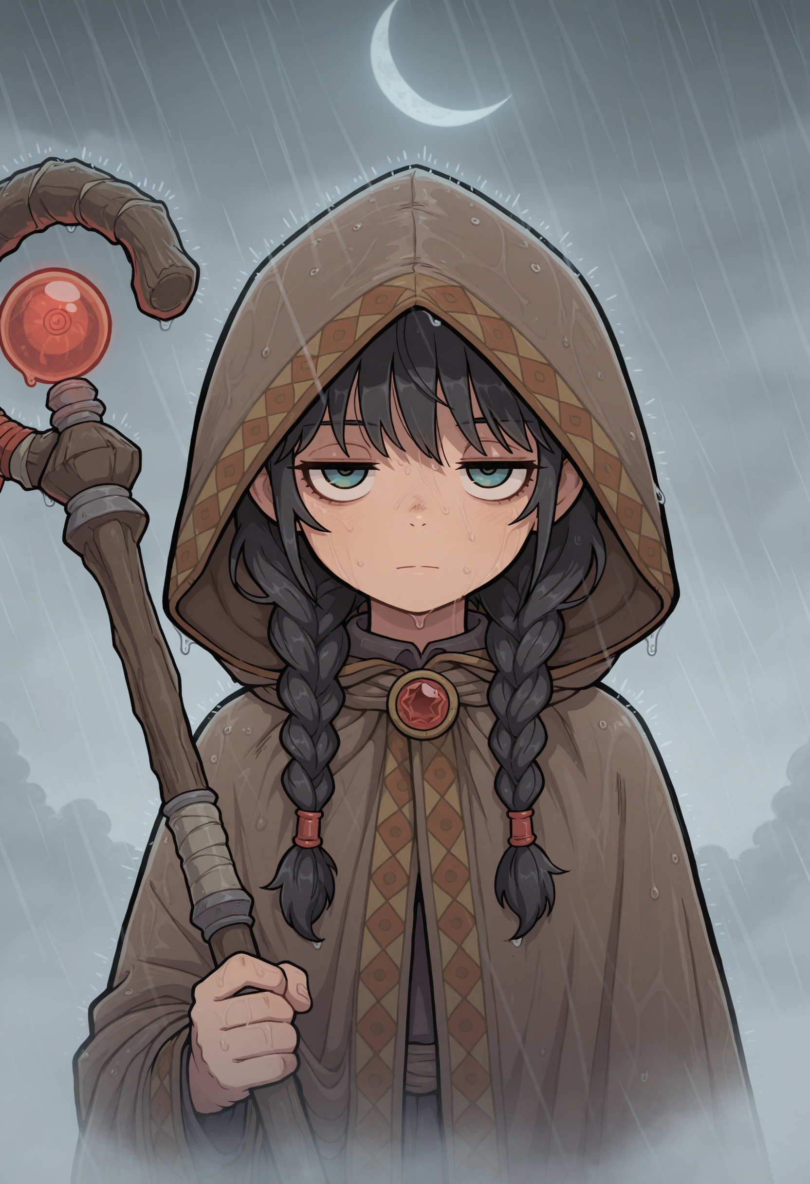 masterpiece, best quality, amazing quality, very aesthetic, high resolution, very awa,
1girl, face focus, twin braids, jitome, cloud, crescent moon, fog, holding mage staff, rain, hood up, cloak, [(realistic:0.5)::0.2],
, <lora:NOOB_EPSv1_1_detailer_by_vlnvk_v1_0:1>
, <lora:spo_sdxl_10ep_4k-data_lora_webui:.5>
,   <lora:Akabur_Style__-_IL_-_V1:1> akabursty1e