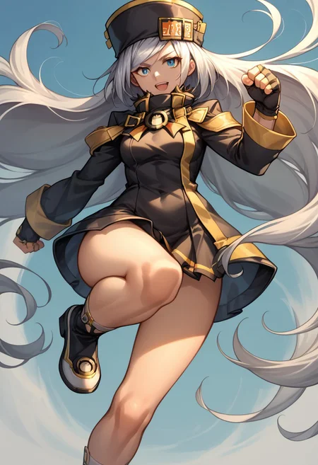 score_9, score_8_up, score_7_up, source_anime, good anatomy, s1girl, solo, MilliaRageXrd, silver hair, very long hair, blue eyes, short black dress with yellow trim, high collar, military uniform, license plate, black hat with yellow trim, ushanka, black gloves, belts, bare legs, sleeves past wrists, shoes, fighting stance, open mouth, smiling