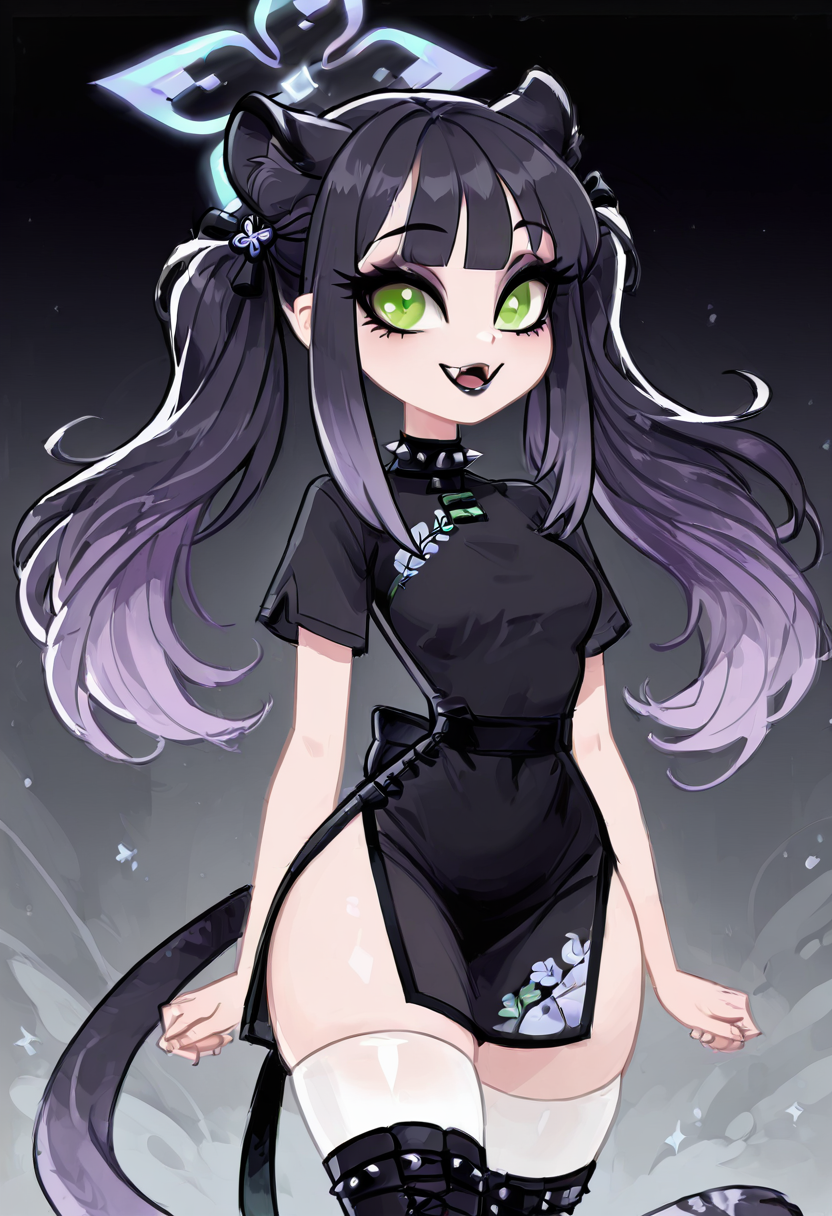 masterpiece, best quality, solo, curvy, beautiful eyes,  narrow waist, wide hips, zzShun, green eyes, black hair, blunt bangs, long hair, animal ears, tiger ears, halo, animal ear fluff, twintails, tiger girl, extra ears, black dress, black footwear, china dress, shoes, short sleeves, white thighhighs,  ,       <lora:ShunBlueArchiveIXL:1.0>, , smile, looking at viewer, cowboy shot, (two-tone hair, purple hair, makeup, eyeshadow, black lips, dress, black boots, knee boots, spikes, spiked collar, gothic),   ,<lora:VampieNAI:1.0>,