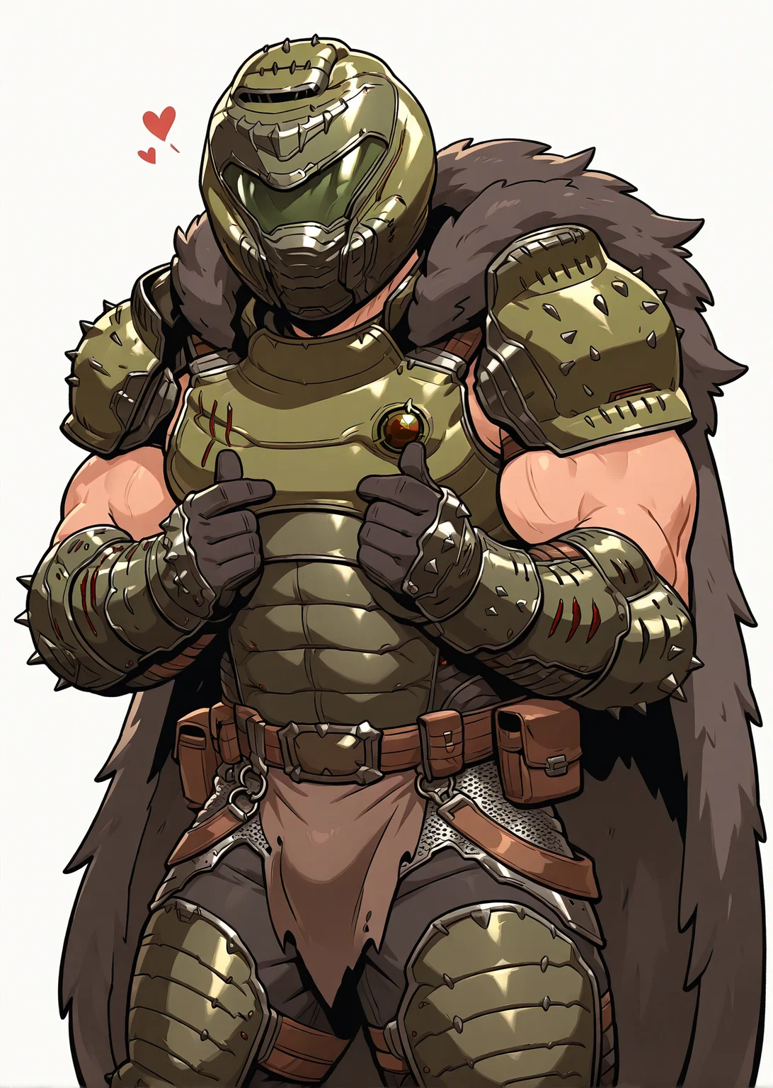 <lora:Doom_Slayer_TDA_IL:0.99> doomslayer_tda, solo, 1boy, male focus, mature male, muscular, bara, armor, shoulder armor, fur cape, spikes, vambraces, leg armor, black pants, belt pouch, belt, cowboy shot, white background, loincloth, chainmail, pose, giving finger heart, helmet