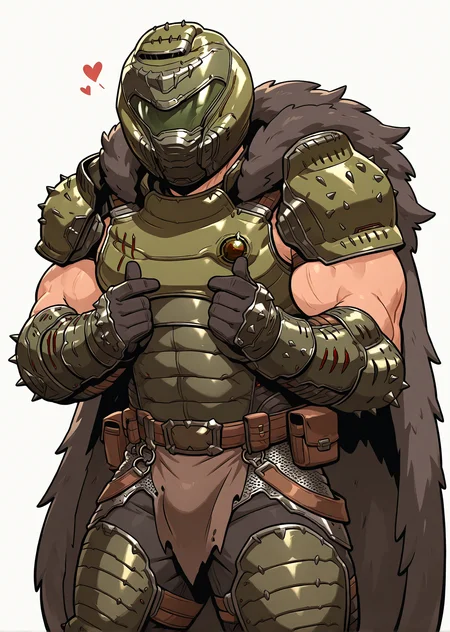 <lora:Doom_Slayer_TDA_IL:0.99> doomslayer_tda, solo, 1boy, male focus, mature male, muscular, bara, armor, shoulder armor, fur cape, spikes, vambraces, leg armor, black pants, belt pouch, belt, cowboy shot, white background, loincloth, chainmail, pose, giving finger heart, helmet