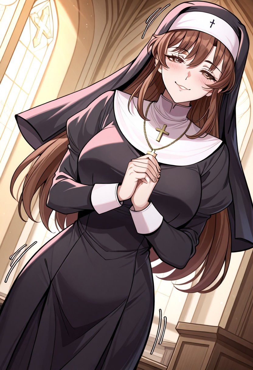 masterpiece, best quality, newest, highres, uncensored, 1girl, yokota mamoru style,1girl, slender face，motion lines,torogao,looking at the viewer,seductive smile,blush
Shiria,Brown Hair,Brown Eyes，long hair，
<lora:traditional-nun-ponyxl-lora-nochekaiser:1>, traditional nun, nun, habit, long sleeves, dress, black dress, jewelry, black veil, cross, cross necklace,, church, smug, praying,, , dutch angle, cowboy shot