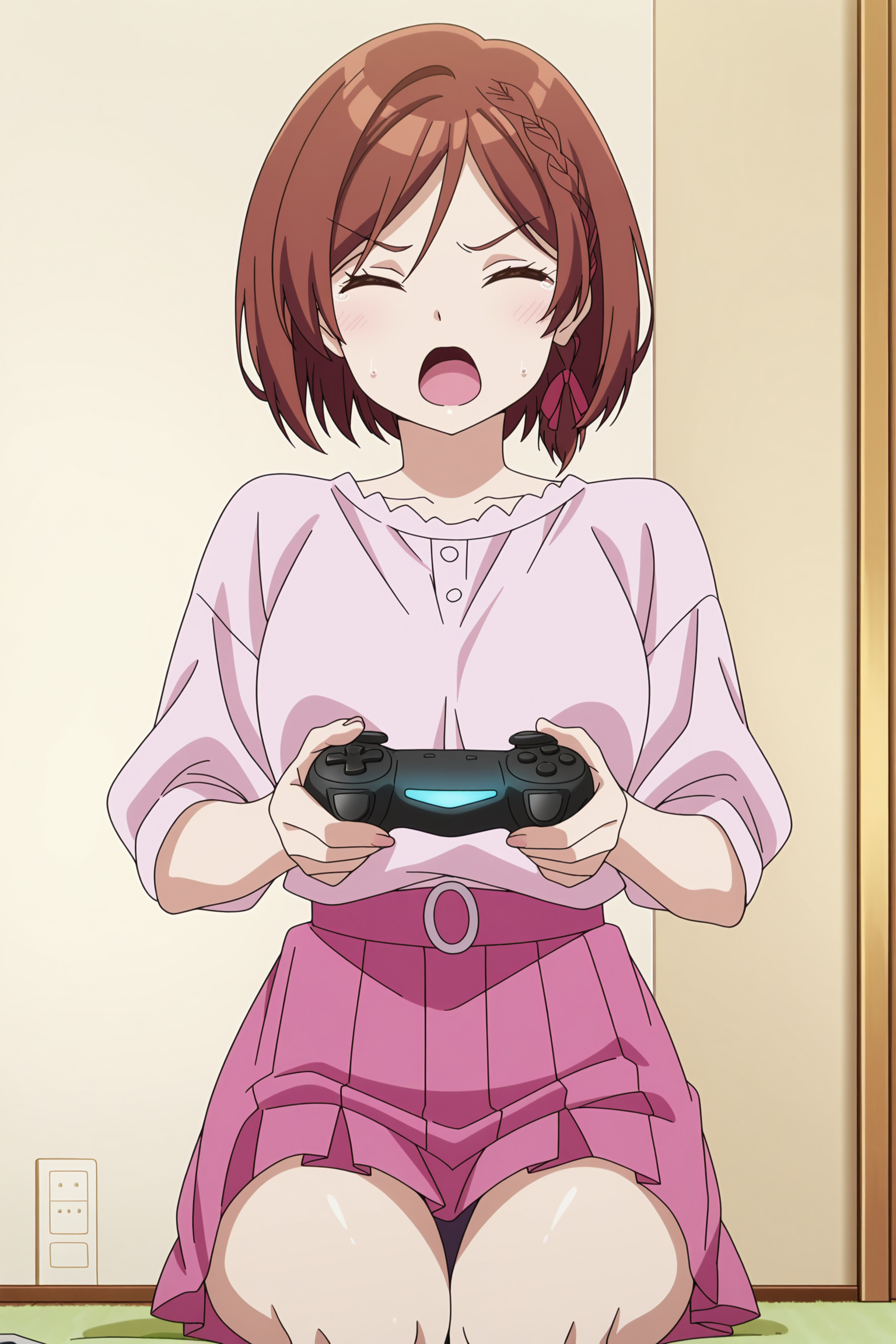 anime screencap, anime coloring, detailed face, masterpiece, best quality, very aesthetic, absurdres, volumetric lighting, amazing quality, ultra detailed,  highres, amazing quality, scenery, beautiful detailed hair, beautiful detailed eyes, perfect face,
 <lora:Akane_Sakuramori_Himari_Ishikura_Shisei_Houjou_and_Maho_Sakuramori_Im_Getting_Married_to_a_Girl_I_Hate_in_My_Class:1>
Akane pink shirt (outfit), Akane Sakuramori (character), 1girl, controller, pink skirt, skirt, brown hair, solo, closed eyes, holding controller, game controller, holding, braid, pink shirt, indoors, open mouth, holding game controller