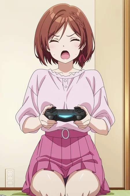 anime screencap, anime coloring, detailed face, masterpiece, best quality, very aesthetic, absurdres, volumetric lighting, amazing quality, ultra detailed,  highres, amazing quality, scenery, beautiful detailed hair, beautiful detailed eyes, perfect face,
 <lora:Akane_Sakuramori_Himari_Ishikura_Shisei_Houjou_and_Maho_Sakuramori_Im_Getting_Married_to_a_Girl_I_Hate_in_My_Class:1>
Akane pink shirt (outfit), Akane Sakuramori (character), 1girl, controller, pink skirt, skirt, brown hair, solo, closed eyes, holding controller, game controller, holding, braid, pink shirt, indoors, open mouth, holding game controller
