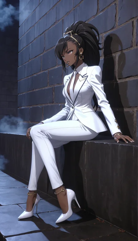 (anime screencap:1.5), 
Stylized dark skin gyaru anime character wearing a sleek hexagonal-textured suit,ear piercing,  set against a dimly lit stone wall, cinematic lighting. 
Walking towards the camera, hair flowing in motion.
Chromatic aberration for a slight retro-futuristic look.Subtle fog effects, creating a dreamlike atmosphere.
Sitting on a ledge, legs dangling, looking down thoughtfully.



