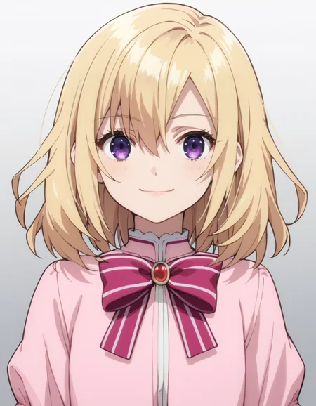 score_9, score_8_up, score_7_up, source_anime, BREAK
1girl, looking at viewer, solo, gradient background, upper body, light smile,
jill cervel (yariryuu), short hair, blonde hair, hair between eyes, dark purple eyes,
pink dress, striped bow, jewelry,
<lora:jill_cervel-yariryuu_s1_v2-anime-soralz:1>