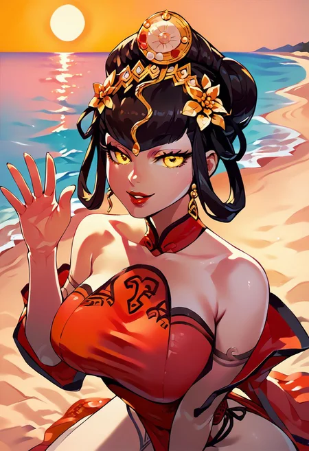 score_9, score_8_up, score_7_up, nuwasmt, black hair, hair ornament, yellow eyes, red lips, red dress, bare shoulders, large breasts, jewelry, chinese clothes, on knees, beach, sunset, seductive smile, waving hand, upper body,