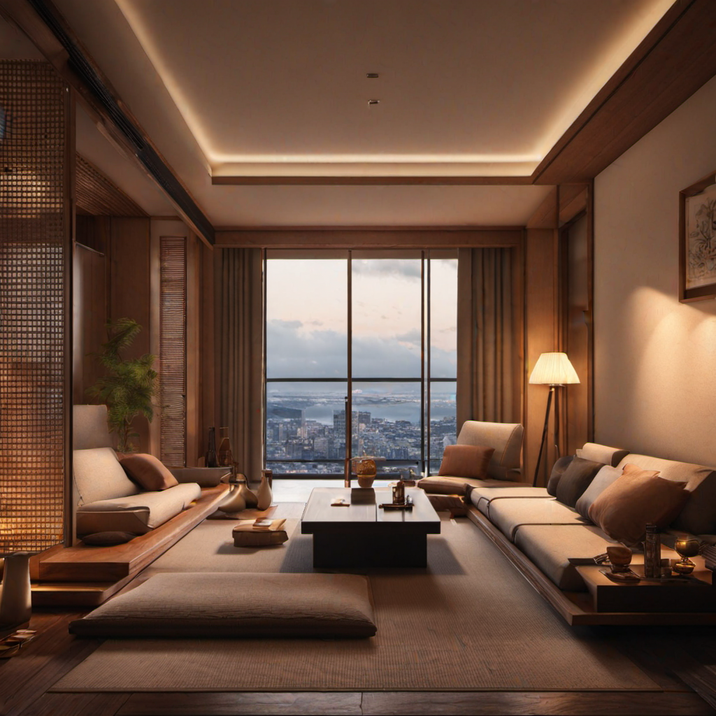 rishi,living room,HDR,UHD,8K,best quality,(realistic:2.0),masterpiece,Highly detailed, <lora:rishi-000012:0.7>,moody  lighting,cinematic,tatami,curtains,pillow_hug,safa, Akashi_Kaikyo_Bridge out of window,