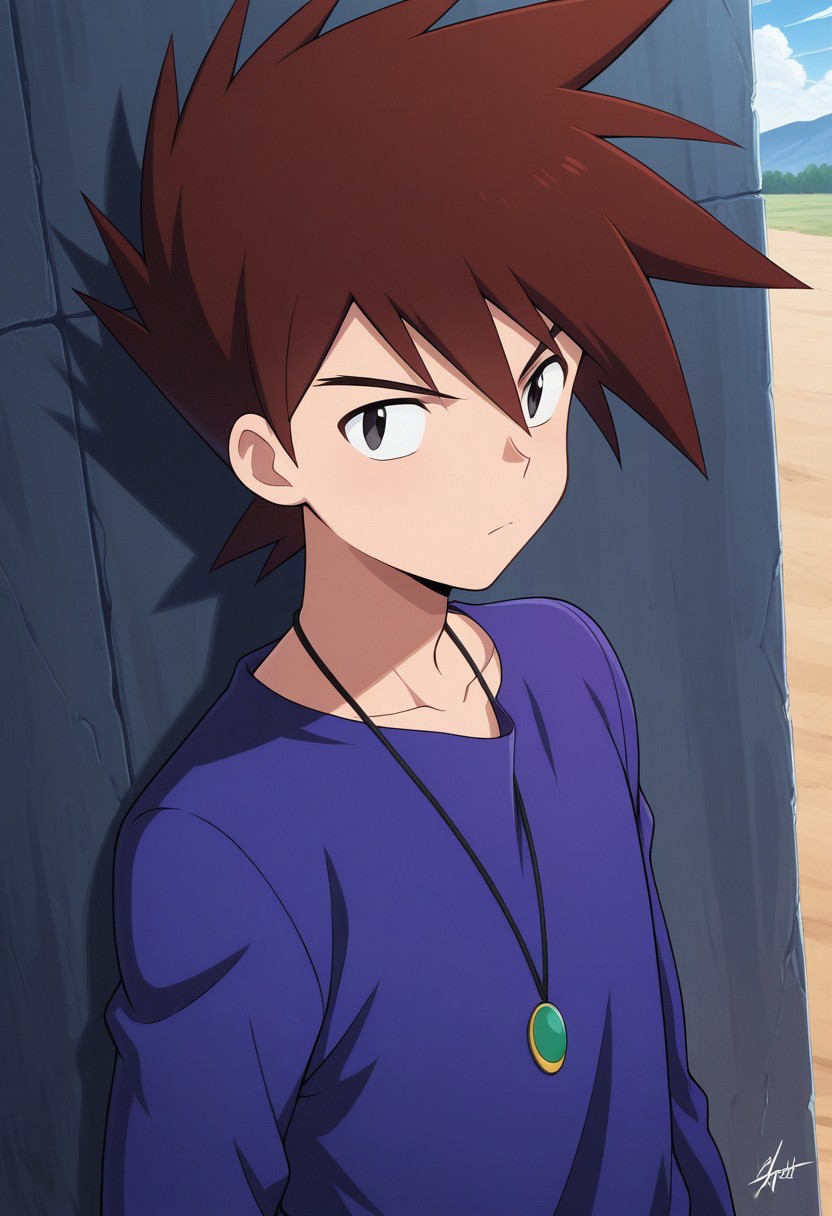 masterpiece,best quality,amazing quality, source_anime, 
gary_kanto, 1boy, male focus, solo, black eyes, brown hair, spiked hair, shirt, purple shirt, jewelry, necklace, 
outdoor,