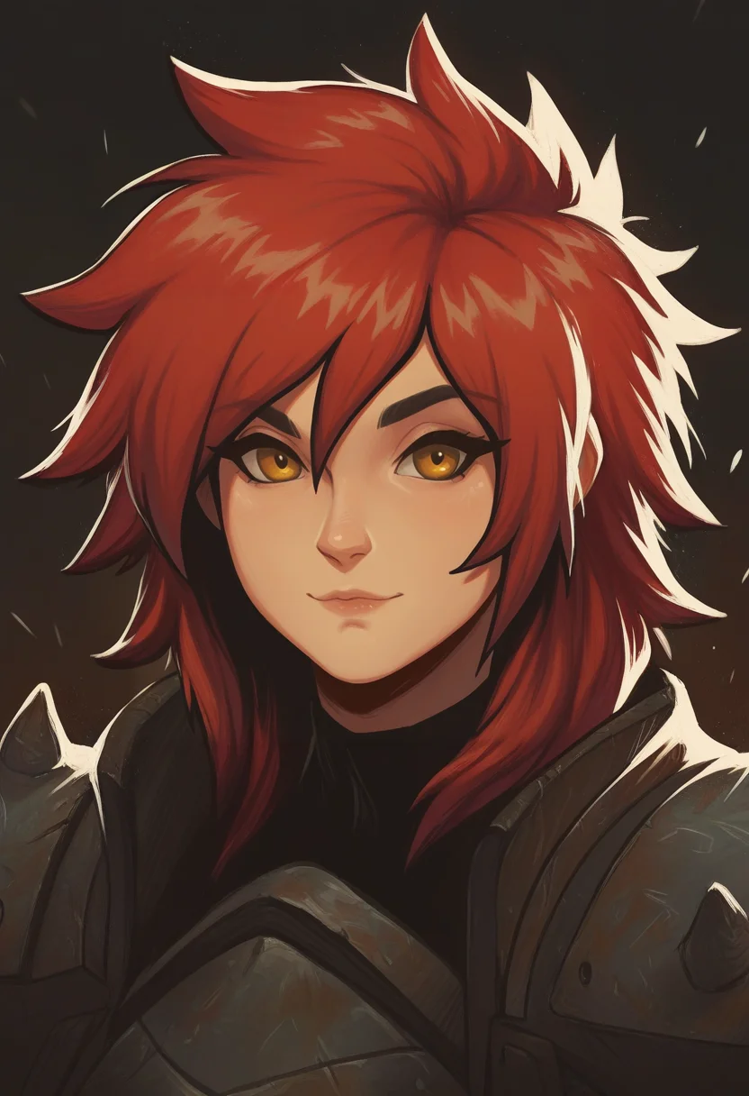 very awa, masterpiece, best quality, hightres, absurdres, pixelPaint, 1girl, red hair, medium hair, spiked hair, yellow eyes, light smile, portrait,   <lora:PixelPaintStylez-IL:1>
