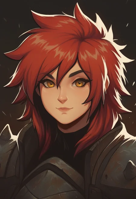very awa, masterpiece, best quality, hightres, absurdres, pixelPaint, 1girl, red hair, medium hair, spiked hair, yellow eyes, light smile, portrait, <lora:PixelPaintStylez-IL:1>