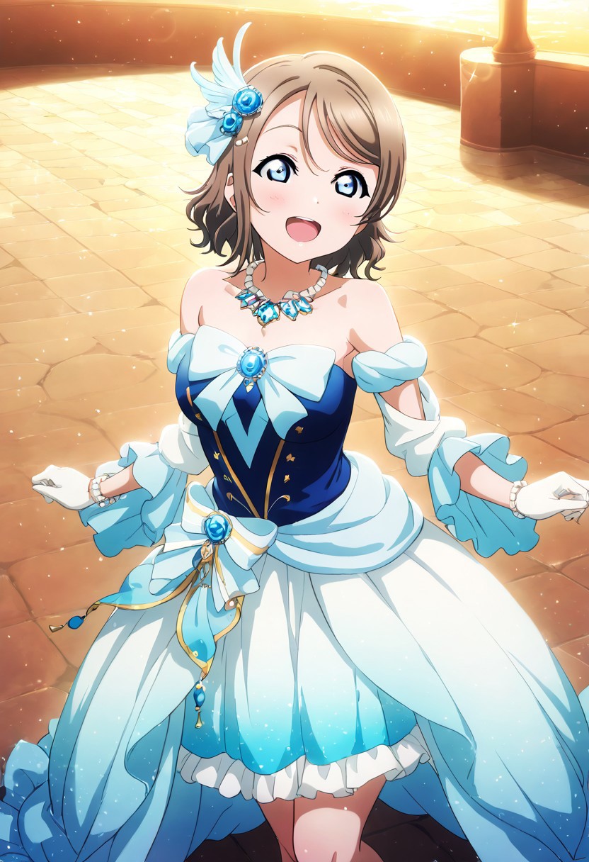 masterpiece, best quality, solo, 1girl, aged up, happy, medium breasts, 
 you_watanabe, watanabe_you, short hair, brown hair, swept bangs, blue eyes, elegant marine-themed idol gown, deep sea-blue and white gradient dress, sheer sleeves, pearl hair accessory, ocean-floor fantasy stage with coral and glowing fish, gentle smile, soft lighting, graceful and enchanting vibe