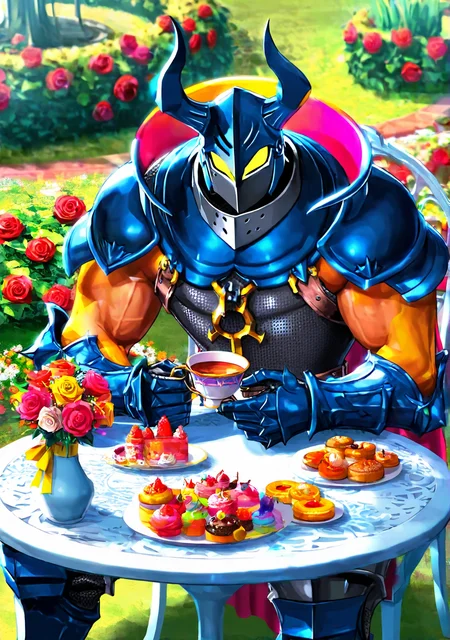 wrsdm, vivid contrast, bright colors, colorful, FMIXFT, radiant details, GOHAGO, 1boy, very muscular, bare arms, pauldrons, horned helmet, glowing eyes, yellow eyes, gorget, full armor, codpiece, gauntlets, greaves, rose garden, sitting, pastry, holding teacup, table, from the side, looking at viewer, sunny, outdoors,
masterpiece, best quality, amazing quality