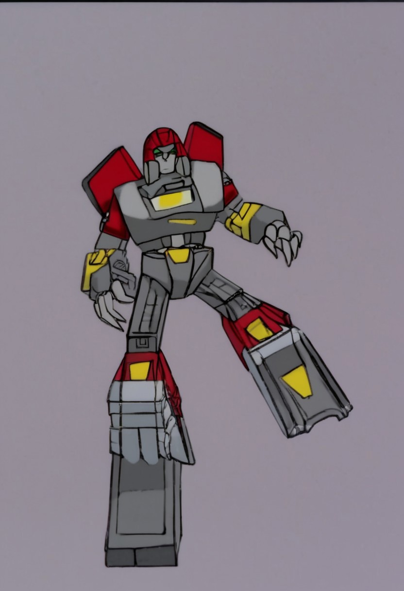 MetalKnuckles, 1boy, robot, mecha, red body, round head, medium-long metallic gray muzzle, pointy gray nose, green eyes, black sclera, colored sclera, five long strips of red metal with joints. white intake tips extending downward from the sides and back of head, red ellipsoid torso, rectangular intake with a white rim on chest, rocket exhaust on rear, gray upper arms, red forearms, long and thick paws with two gray and sharp claws for fingers, white rims around the claws, yellow circles on the back of the paws, gray upper legs, red lower legs, red shoes, green cuffs, yellow stripes across the middle, dark gray soles, and bolted gray plates on top of feet, solo, full body, Transformers, Animation, <lora:Transformers 86 FT:1>