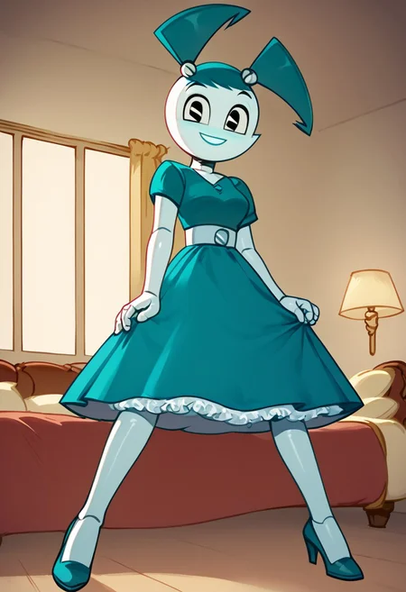 (Masterpiece, best quality:1.2), score_9, score_8_up, flat color, flat shading, soft shading, lighting, Jenny Wakeman as an adult, in a 1950's full length formal blue skirt, a white belt, button down v-neck formal black top, a fluffy frilly ruffled full white petticoat, and black high heels, dress, layered petticoat, frilly petticoat, fluffy petticoat, full petticoat, detailed petticoat ((wide skirt, detailed outfit, flowing skirt, long skirt, solid blue colored skirt, black high heels)), blue hair, series accurate, cute, best high quality, high res, robot, humanoid robot, medium breasts, whole body shot, 1girl, ((solo, inside, in a romantic bedroom, sitting on the bed, sitting, bent knees, looking at you, low angle)), cute, seductive, seductive smile, half lidded eyes, low angle shot, cartoon, cartoon style, vector, solo, circle dress, 1950s, whisperfoot_style, dance dress jenny, jenny wakeman, 1girl, solo, robot joints, black eyes, white skin, ponytail, hair bow, blue rose chest corsage, poofy dress, blue hair, flat lighting