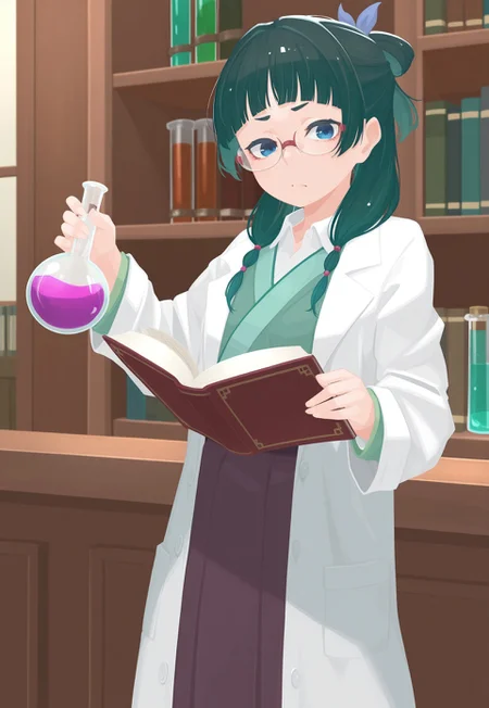 masterpiece,best quality,amazing quality,1girl, maomao_\(kusuriya_no_hitorigoto\), kusuriya no hitorigoto,shirt, skirt, long_sleeves, holding, collared_shirt, glasses, indoors, black_skirt, book, holding_book, open_book, lab_coat, test_tube, flask, round-bottom_flask,ghibli,hara21,