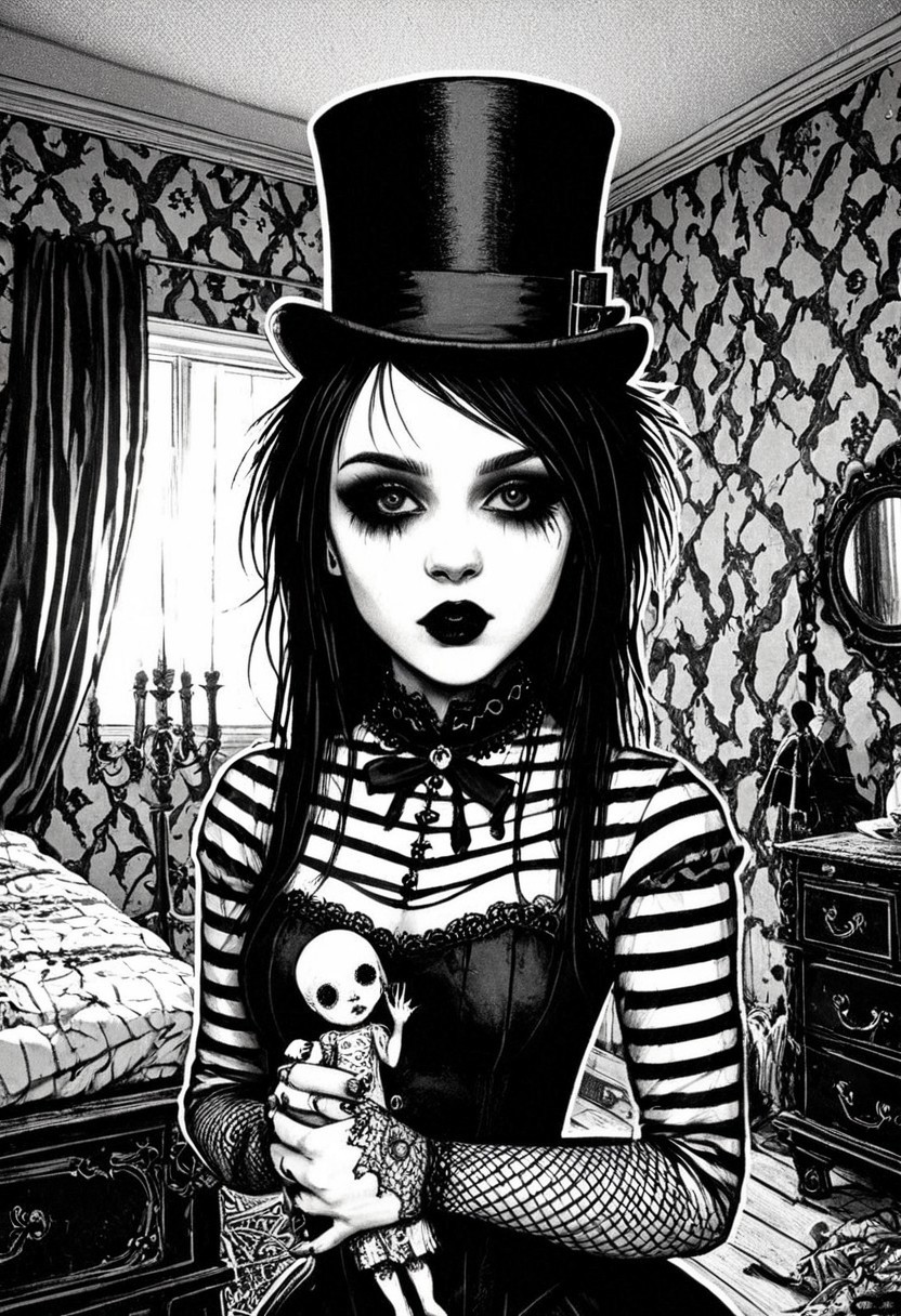 drawing, gothic, digital illustration, flat colors, line art, heavy film grain, black and white, 18 year old pretty goth girl, top hat, holding cracked porcelain_doll, bedroom,   sexy, creative angle, sexy poses