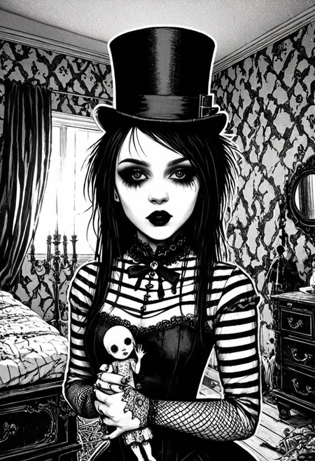 drawing, gothic, digital illustration, flat colors, line art, heavy film grain, black and white, 18 year old pretty goth girl, top hat, holding cracked porcelain_doll, bedroom, sexy, creative angle, sexy poses