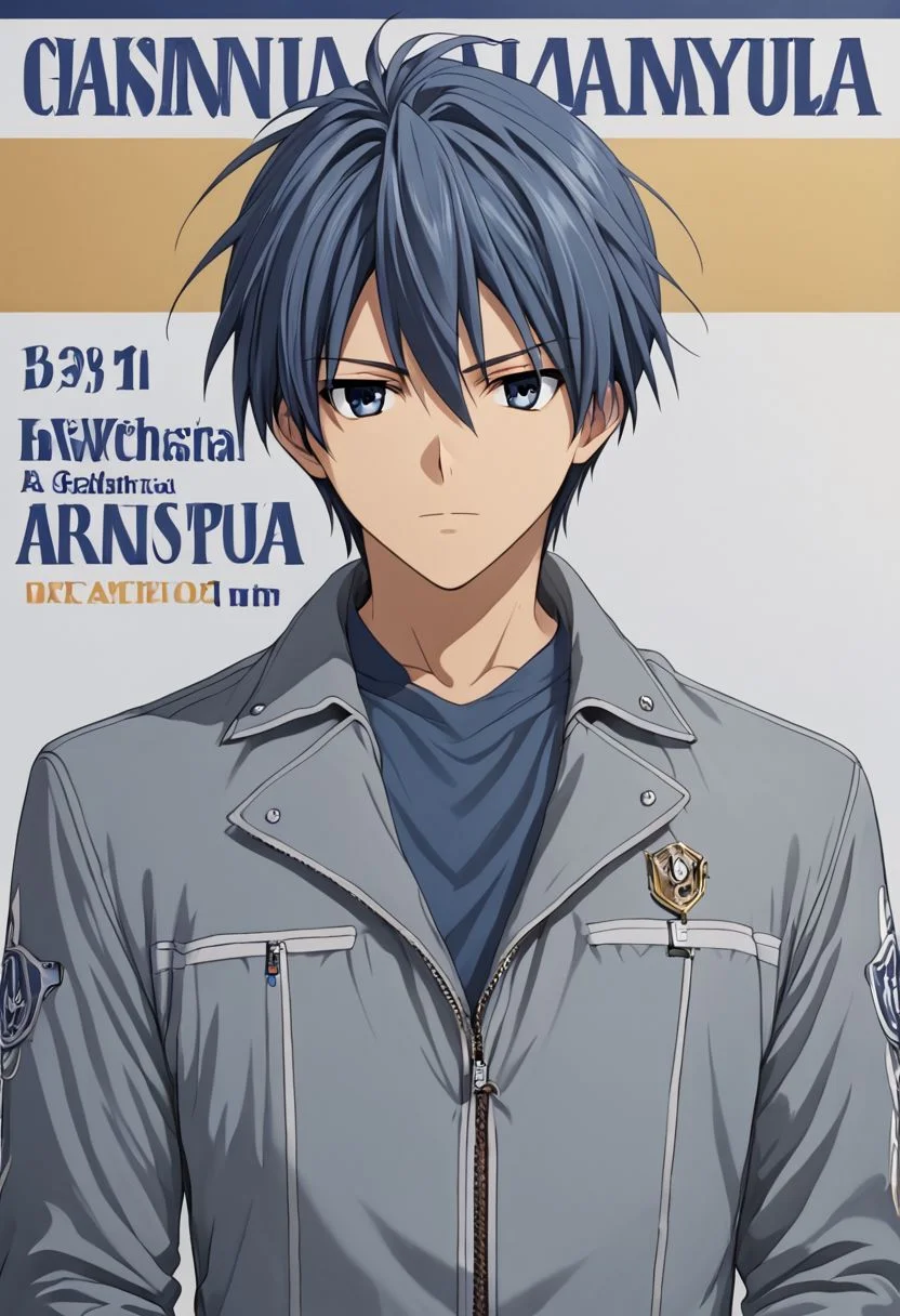 high resolution, solo, best quality, 1Boy, Tomoya Okazaki, Grey Blue Hair, Grey Blue Eyes, brand ambassador, brochure design, OverallDetail