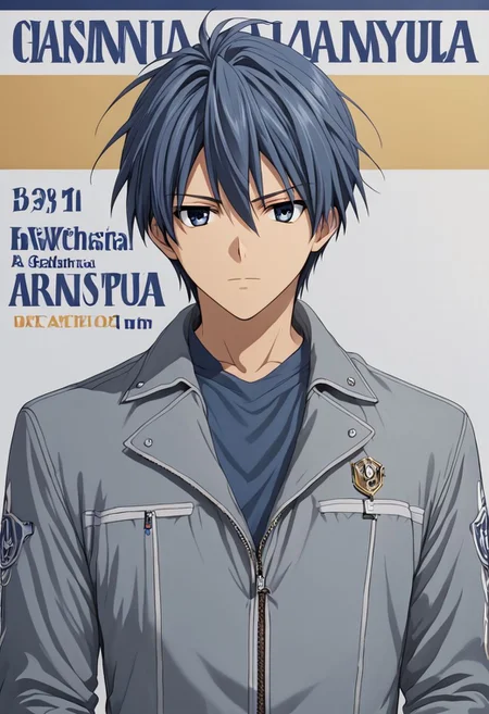 high resolution, solo, best quality, 1Boy, Tomoya Okazaki, Grey Blue Hair, Grey Blue Eyes, brand ambassador, brochure design, OverallDetail